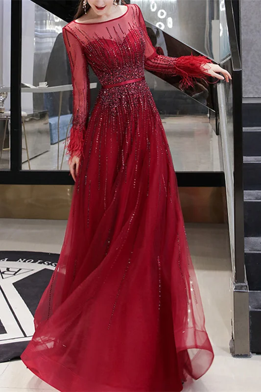 Daisda Elegant Sequins Red Long Sleeves Evening Dress With Feather On Sale
