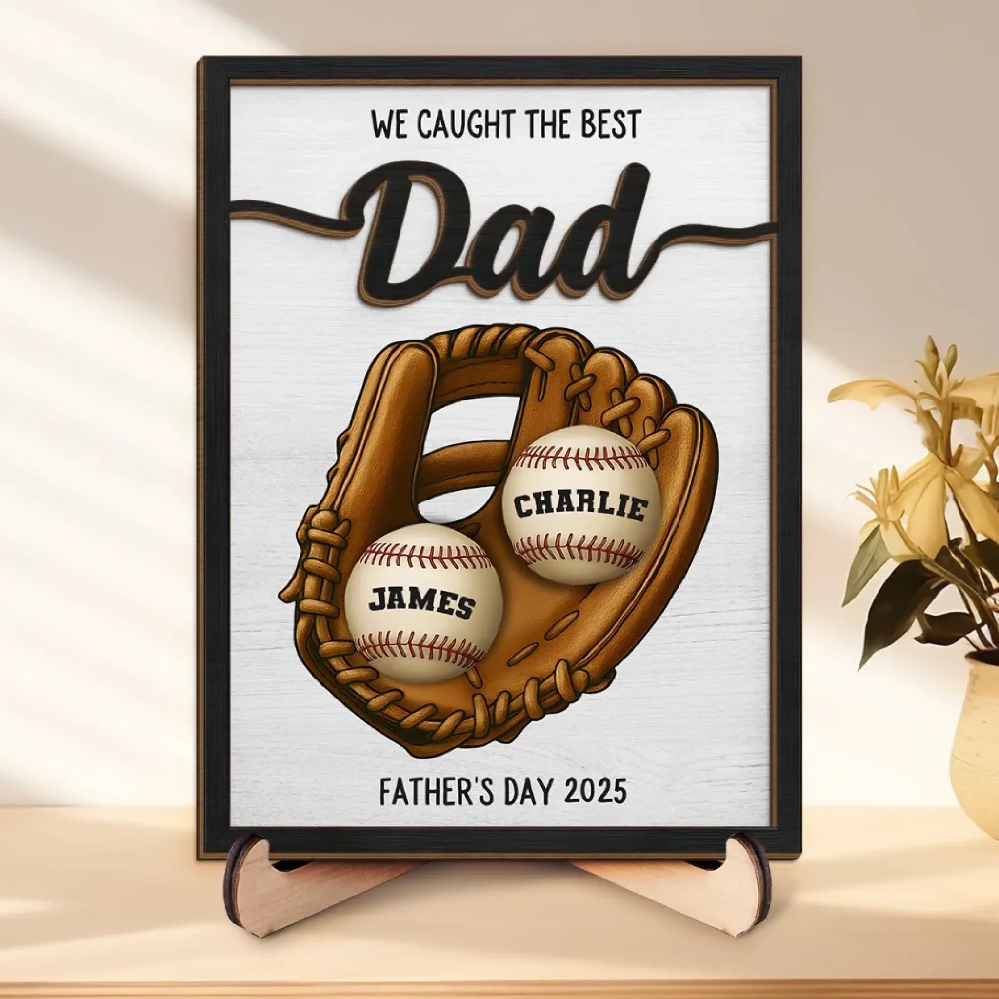 Loveyoufancy We Caught The Best One - Family Personalized Custom 2-Layered Wooden Plaque With Stand - Father's Day, Gift For Dad, Sport Lovers, Sport Players