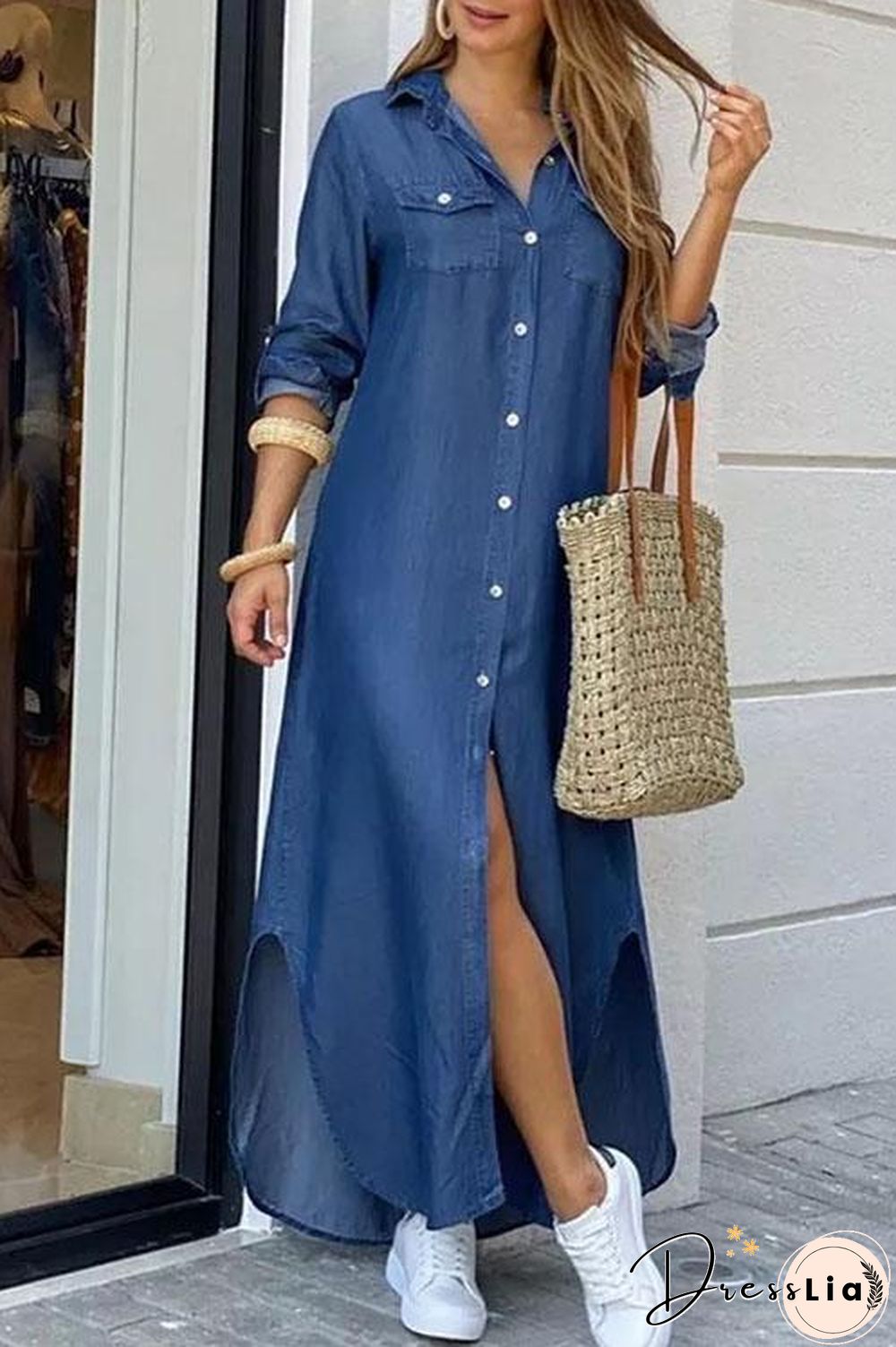Chic Botton Down Long Shirt Dress