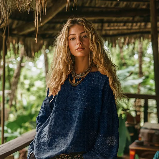 Vintage Sashiko Print Cotton and Linen Loose Top