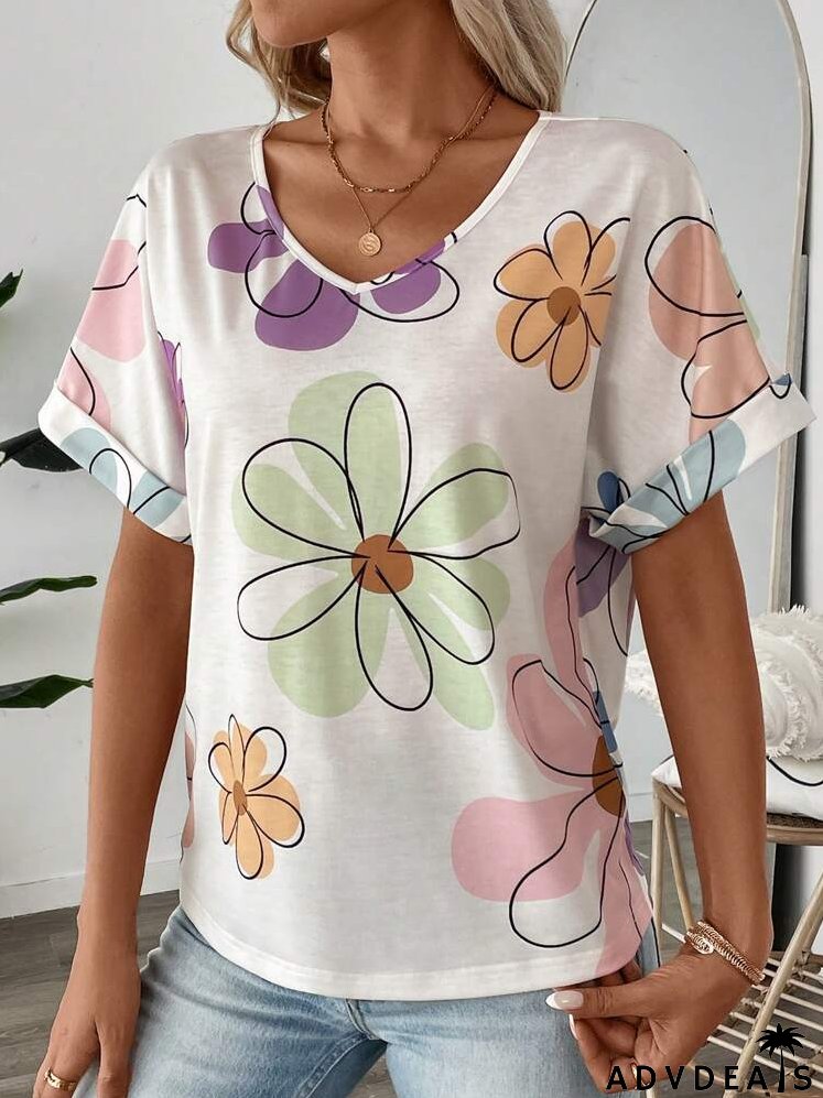 Autumn Casual Street Style Sports & Fashionable Floral Print Women's T-Shirt