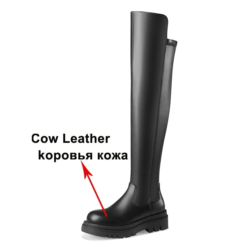 Meotina Genuine Leather Riding Boots Women Platform Flat With Shoes Round  Toe Zipper Ladies Over The Knee Boots Autumn Brown 40