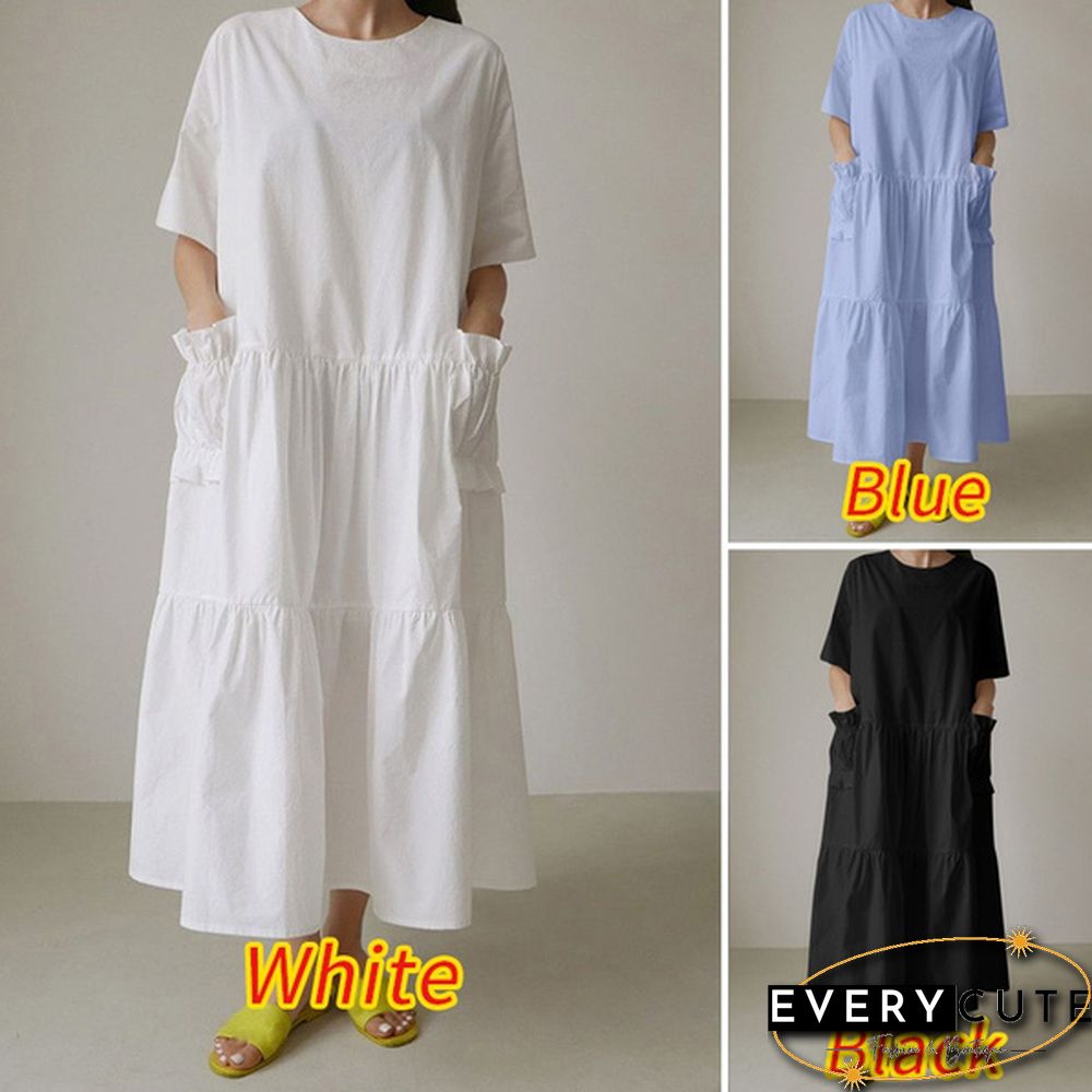 Women Summer Short Sleeved Ruffled Hem Casual Loose Long Dress Solid Color Dresses