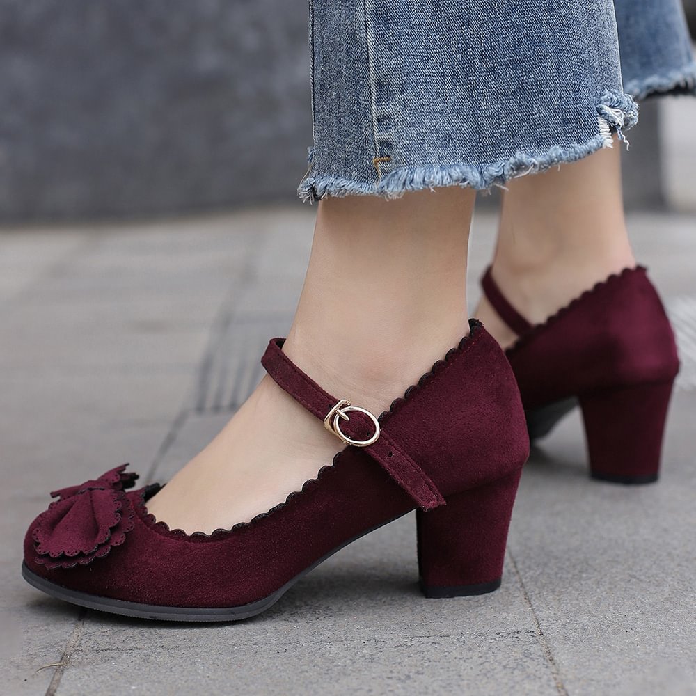 Maroon Suede Closed Toe Buckle Strappy Pumps With Low Chunky Heels Nicepairs