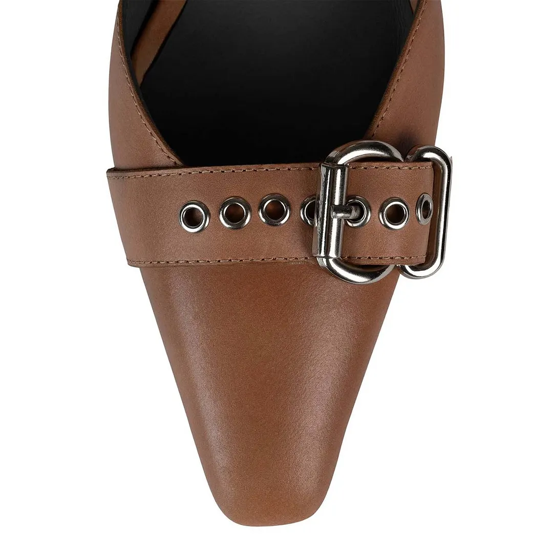 Brown Square Toe Grommets Strap Buckle Chunky High Heels Shoes