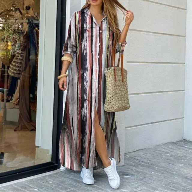Autumn Long Dress Long Sleeve Shirt Dress Women Denim Long Dresses Pocket Button Shirt Print Dress Casual Loose Dresses 2021