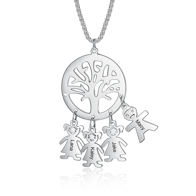 Tree of Life Necklace with 4 Kid Charms Engraved Names Mother Necklace