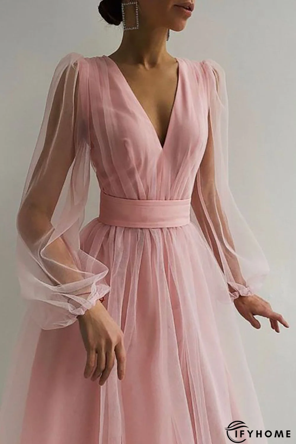 V Neck Tulle Long Sleeve Midi Dress | IFYHOME