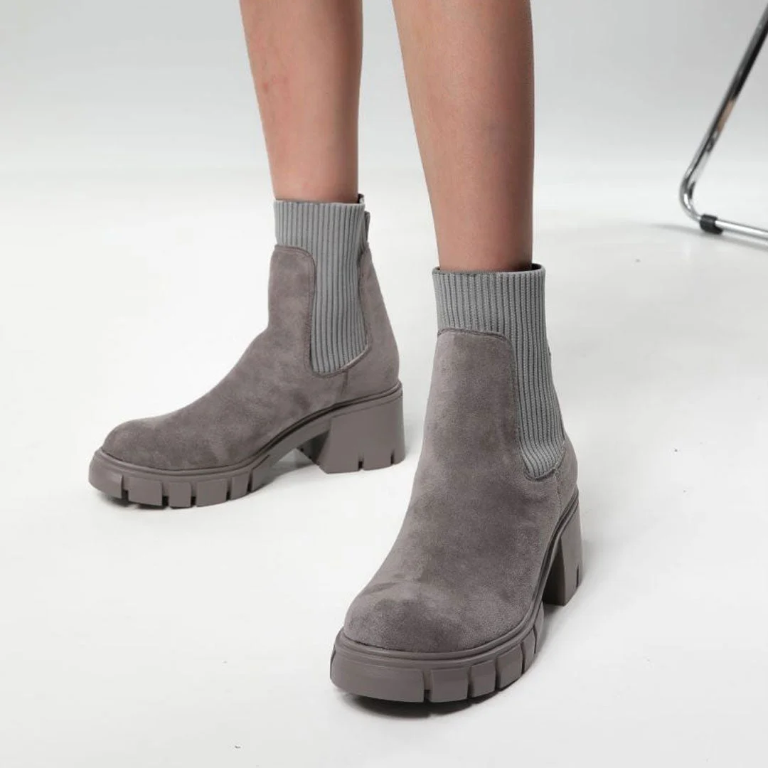 Classic Round Toe Lug Sloe Suede Knit Sock Ankle Boots - Gray