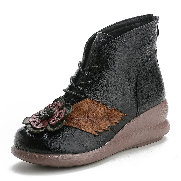 Ankle Boots Women Winter Genuine Leather Three-dimensional Flowers Platrorm Warm Wedge Boots QueenFunky