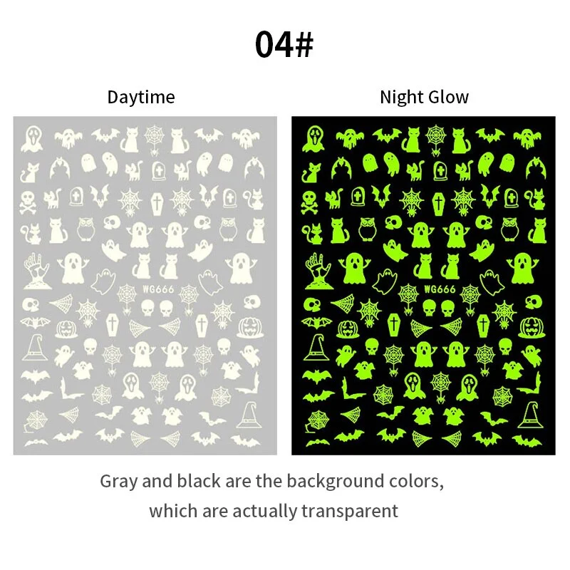 1PC Halloween Luminous 3D Nail Stickers Glowing In Dark Pumpkin Ghost Spider Web Party Design DIY Decals Slider Nail Decortion
