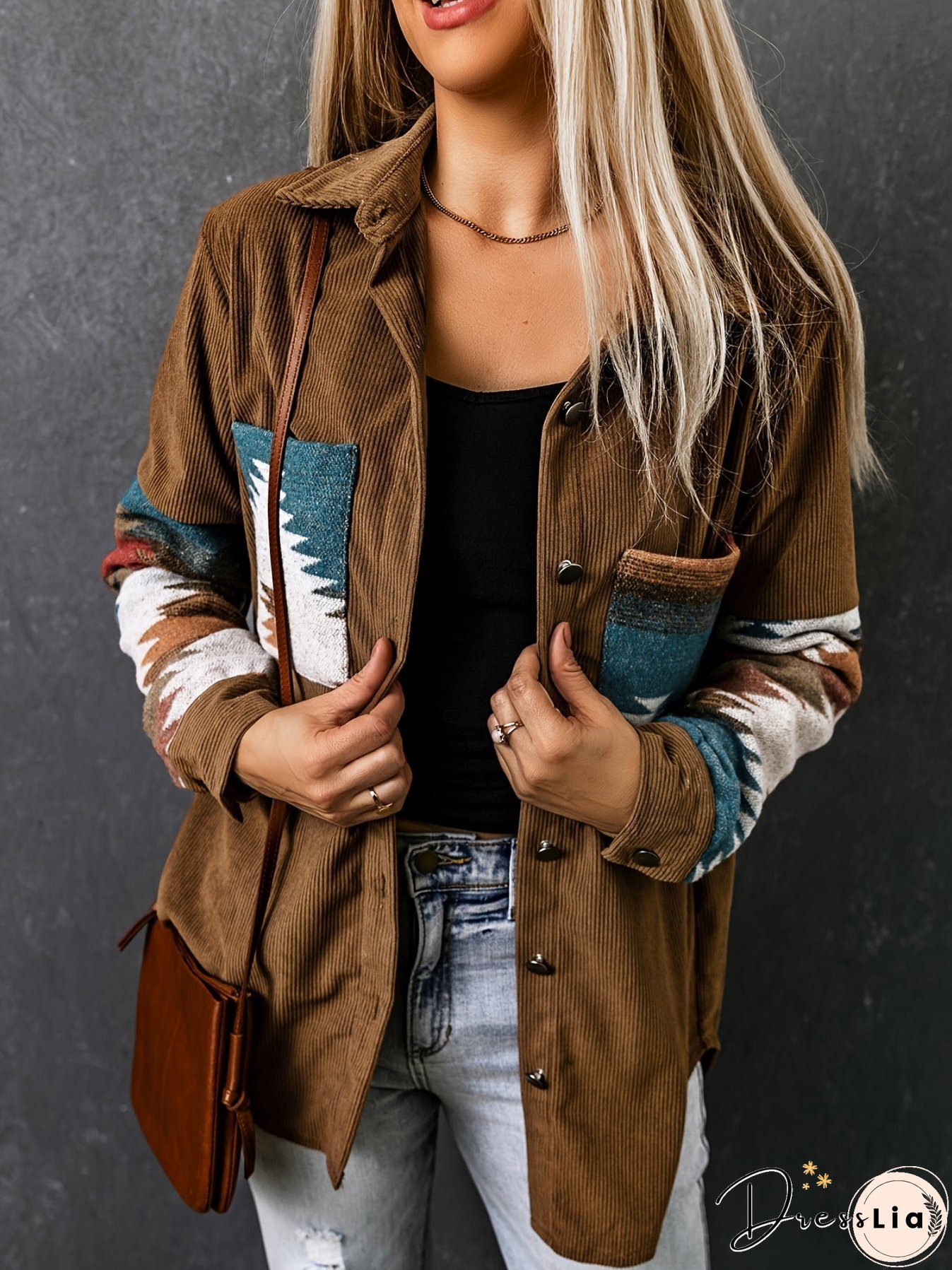 Aztec Pattern Color Block Jacket, Vintage Patched Pocket Corduroy Outwear For Fall & Winter, Women's Clothing
