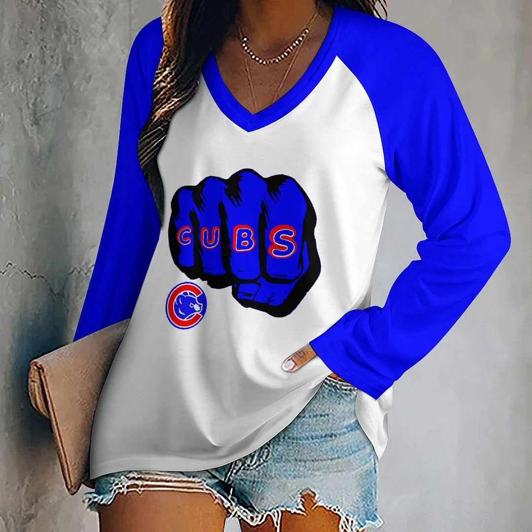 V-neck Long Sleeve Casual T-shirt for  Women and Men Printed with Pattern,Blue,Red