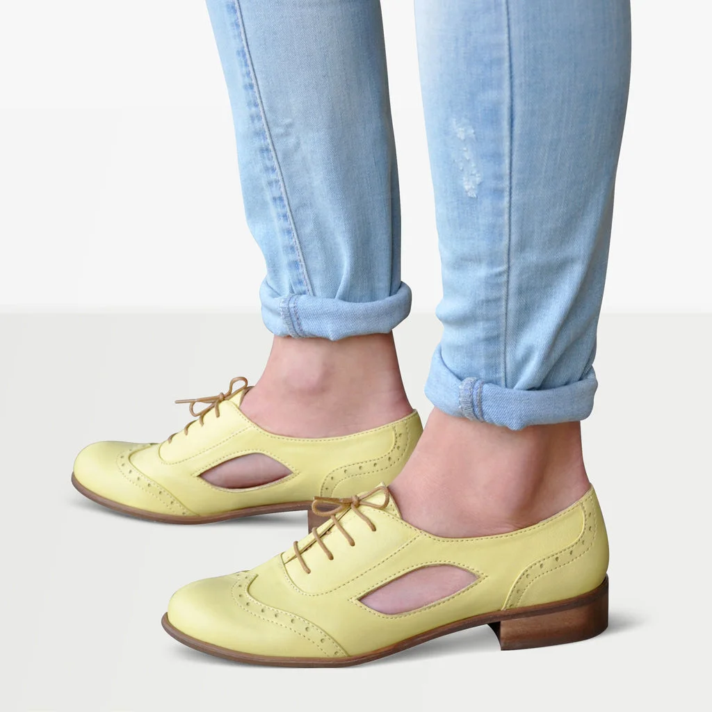 Yellow Vegan Leather Rounded Toe Chunky Heel Lace Up Oxford Shoes Nicepairs