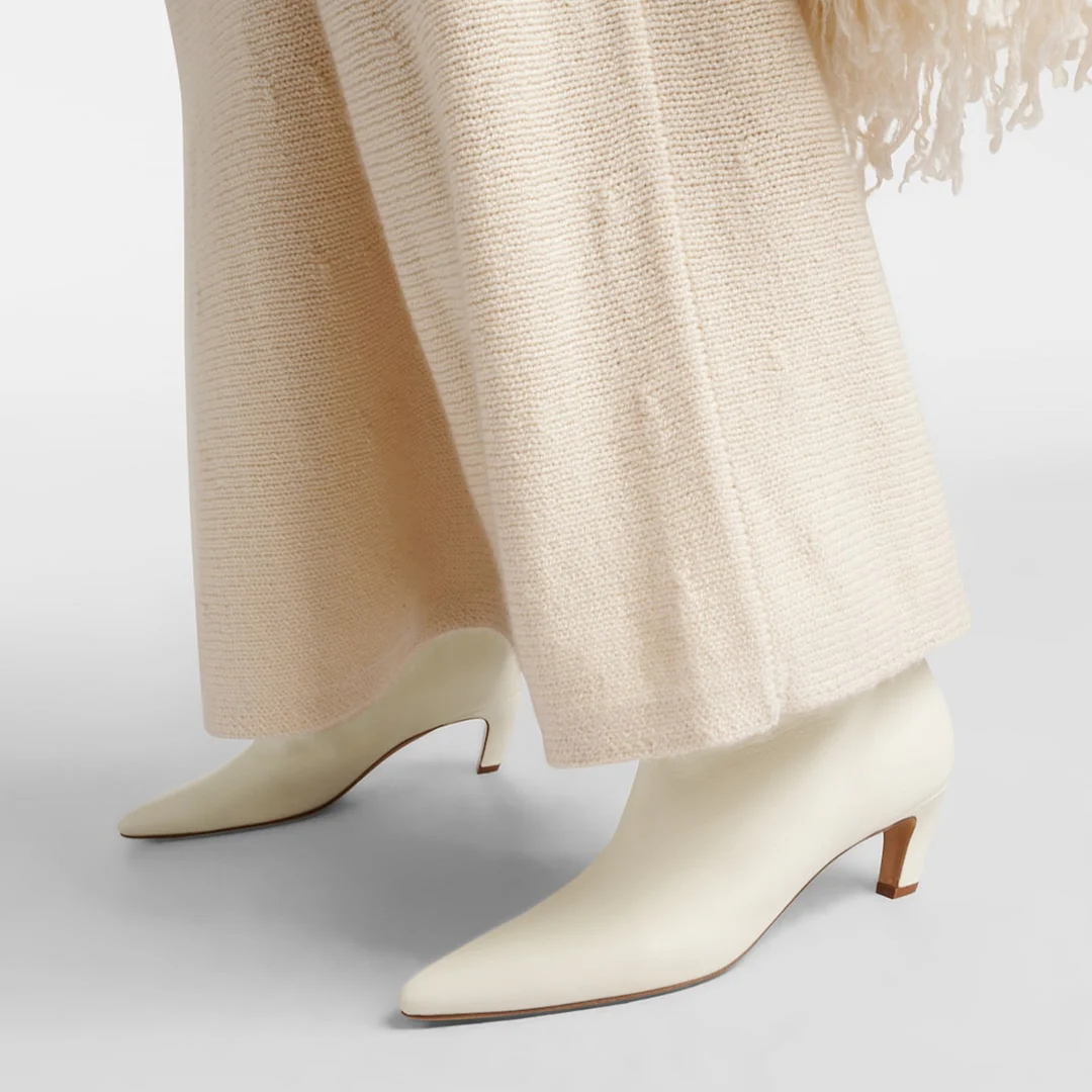 Ivory Vegan Leather Pointed Back-Zip Ankle Boots with Kitten Heel