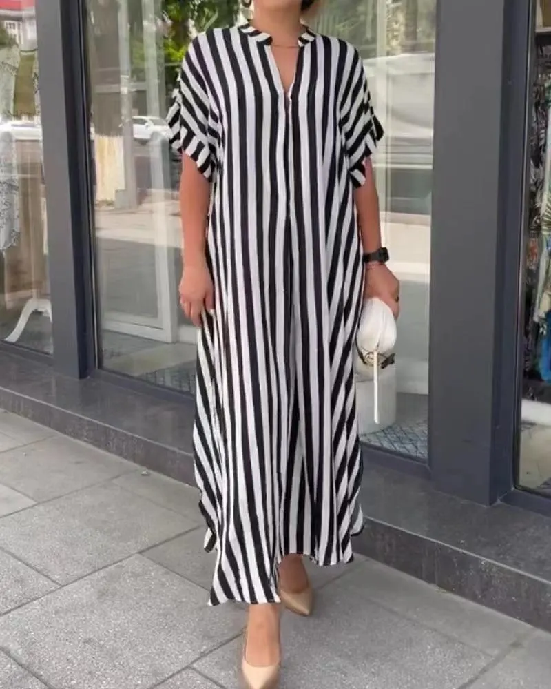 Churchf Churchf Women's Fashion Side Slit Stripe Loose Casual Short-Sleeved Dress