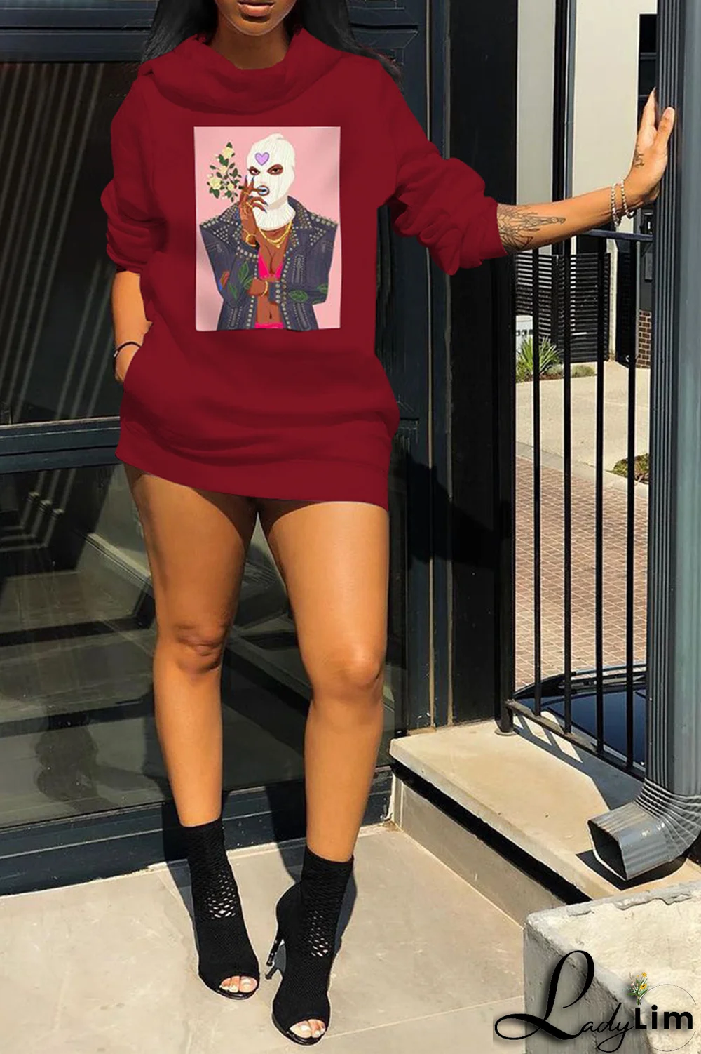 Burgundy Fashion Print Patchwork Hooded Collar Plus Size Dresses