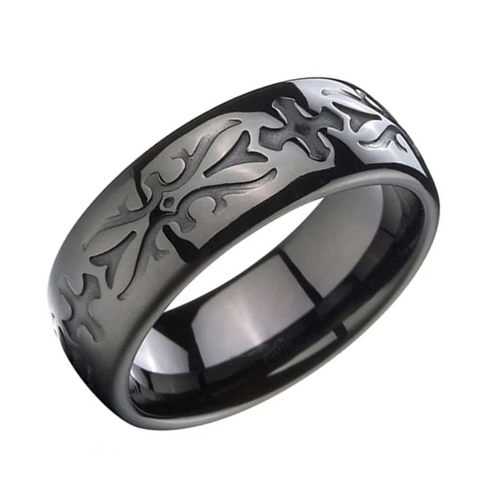 6MM 8MM Black Tungsten Carbide Cross Flower Carving Top Bands