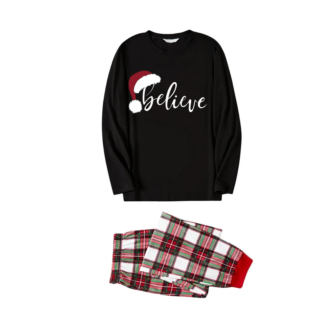 Christmas "Believe" Text Print Black Long Sleeve Top with Red & White & Green Plaid Family Matching Pajamas