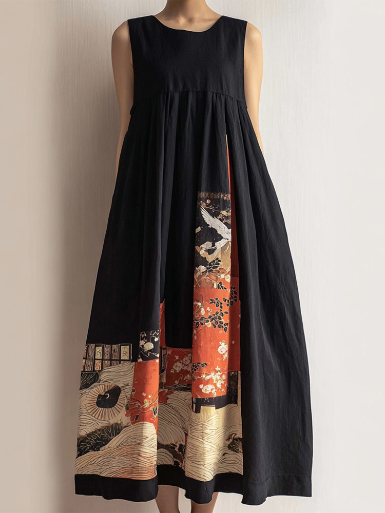 Vintage Japanese Inspired Pattern Linen Tank Dress wearshes