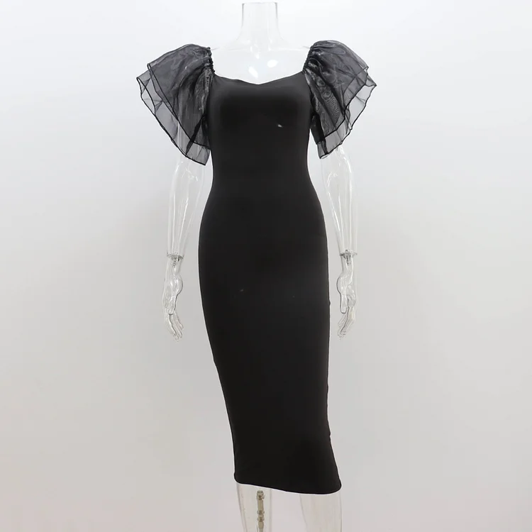 Temperament Mesh Ruffle Sleeve Square Collar Hip-wrapped Mid-length Dress
