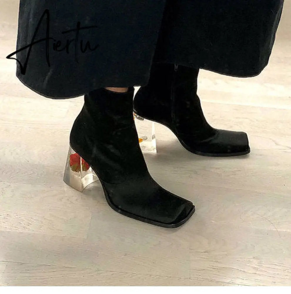 Womens Square Toe Ankle Boots Clear Transparent Crystal Flower Heel Retro Shoes Black Vintage Warm Winter Luxury Aiertu