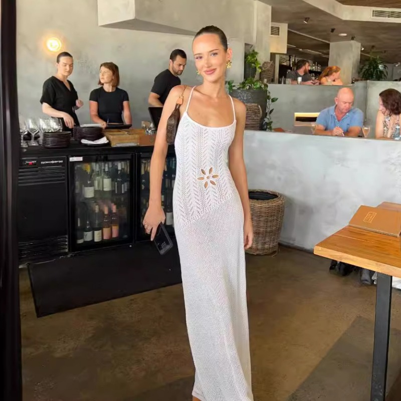 Ootddress Summer Knit Bandage Maxi Dress Female Hollow Out See-Through Printed High Waist Backless Beach Holiday Women Long Dress