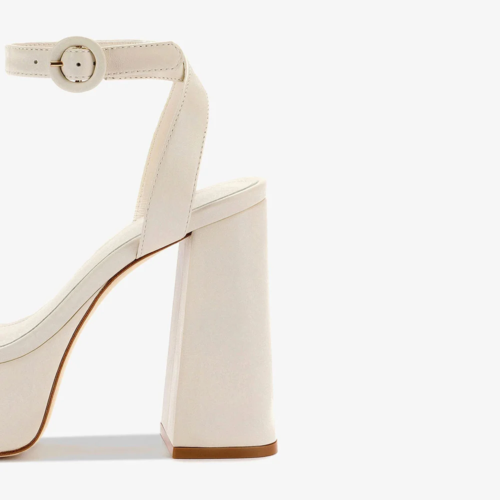 Ivory Vegan Leather Round Toe Ankle Strap Platform Heeled Sandals