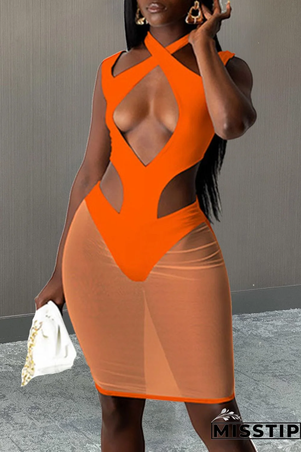 Tangerine Red Sexy Solid Hollowed Out Patchwork Sheath Dresses