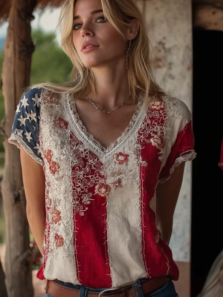 Women's Retro American Flag Element Plant Flower Embroidery Lace Patchwork Design Short-sleeve Top