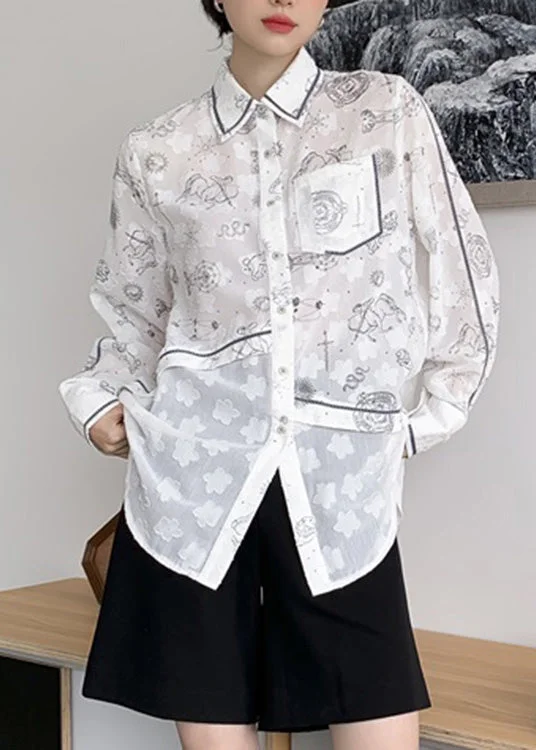 Style White Peter Pan Collar Print Button Shirts Long Sleeve