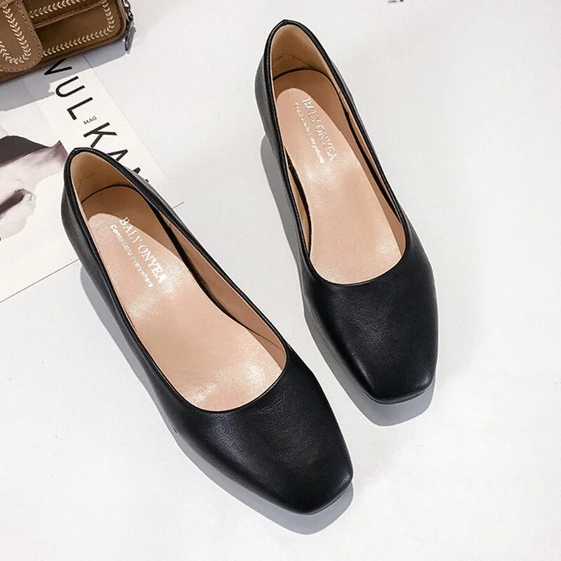 Women Loafers Simple PU Leather Slip-on Shoes Round Toe Mid Heel Ladies Party Student Shoes Pumps Moccasins chaussures femme