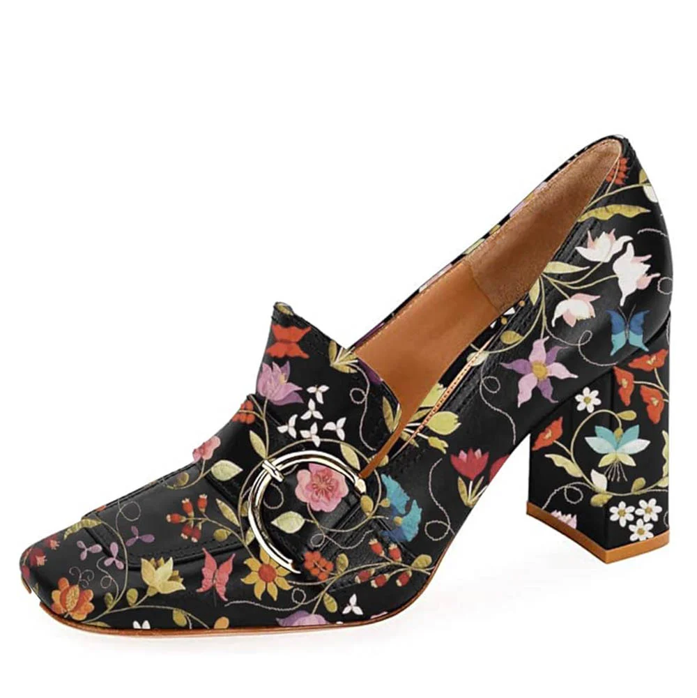 Multicolor Floral Print Chunky Heel Buckle Square Toe Women's Loafers