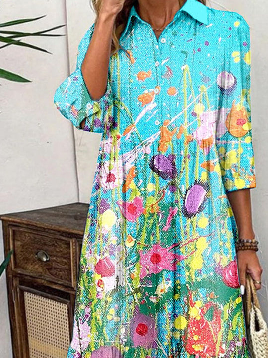 Women Half Sleeve Shirt Collar Floral Printed Graphic Button Maxi Dress