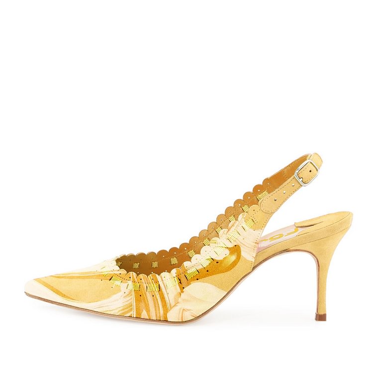 Yellow Slingback Pumps Floral Pointy Toe Cute High Heels |FSJ Shoes