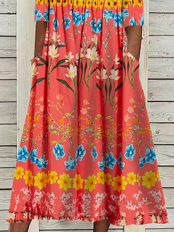 Women Half Sleeve V-neck Solid Color Dress