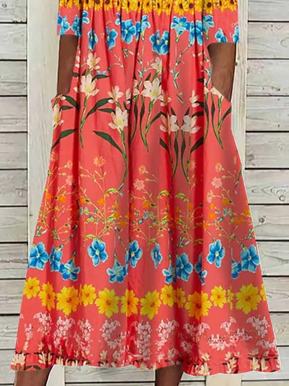 Women Half Sleeve V-neck Solid Color Dress