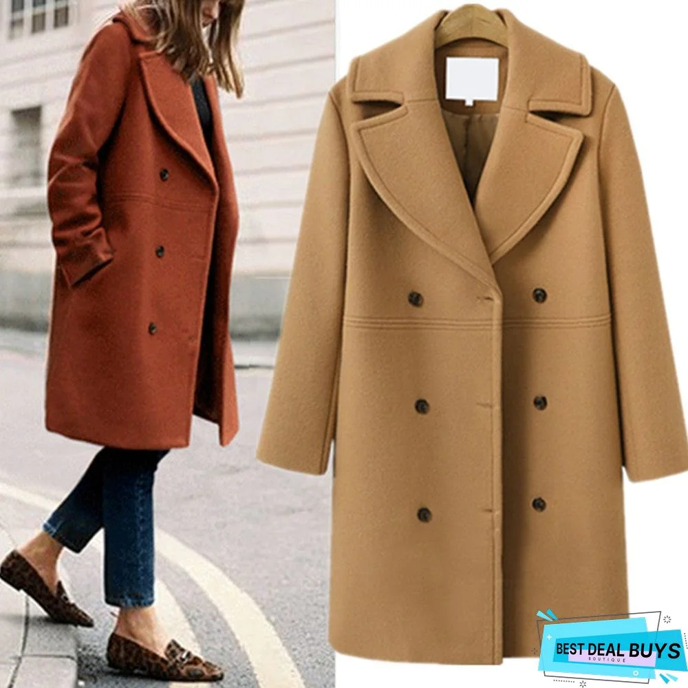 Wool Coat Women's Double Breasted Long Windbreaker Woolen Coat