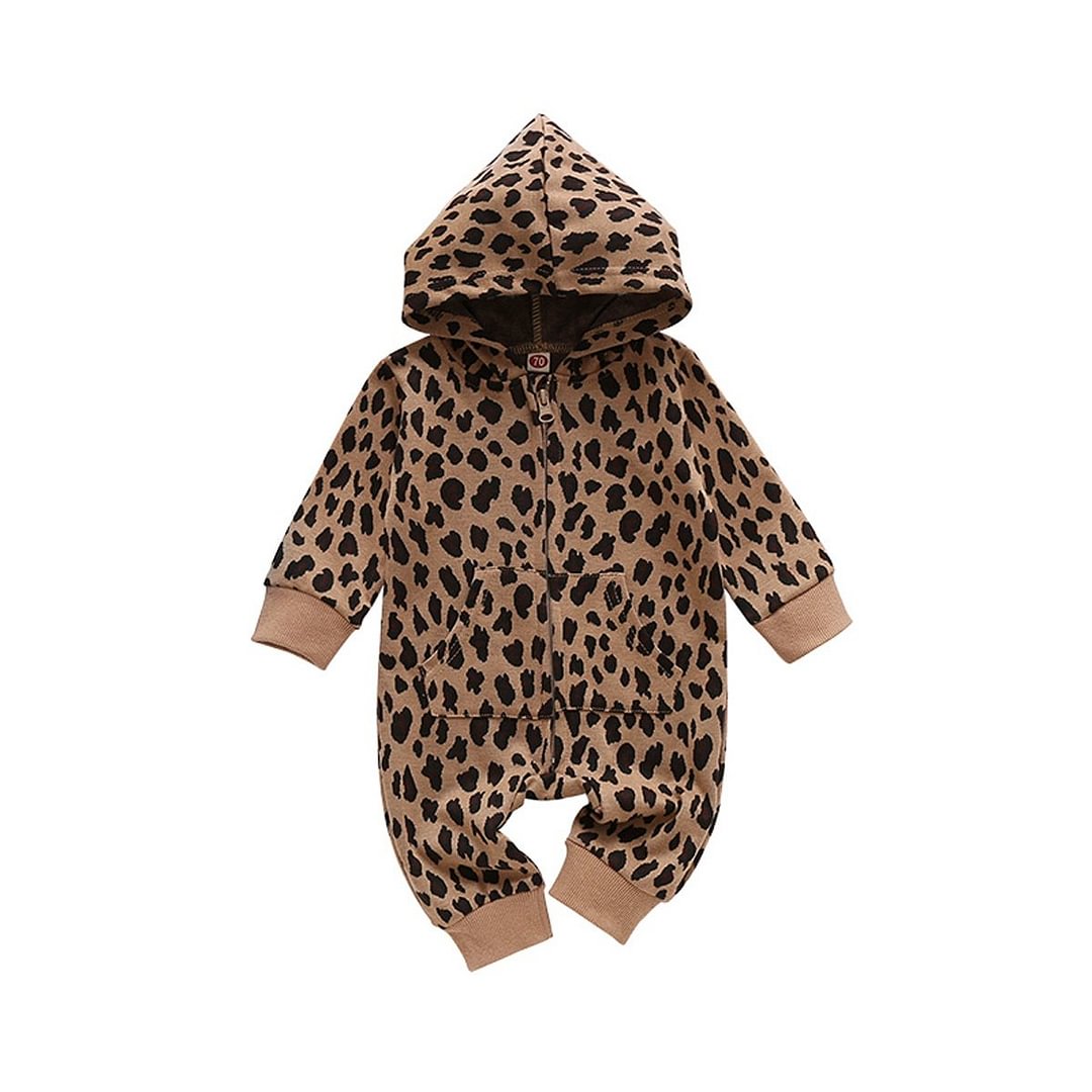 Infant Baby Girls Boys Leopard Print Hooded Romper Toddler Long Sleeve Front Pockets Jumpsuit Baby Loose Playsuit