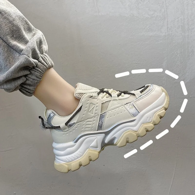 Fashion Mesh Chunky Sneakers Casual Shoes Women Sneakers Comfortable Thick Sole White Flats Platform Sneakers Round Toe Lace Up