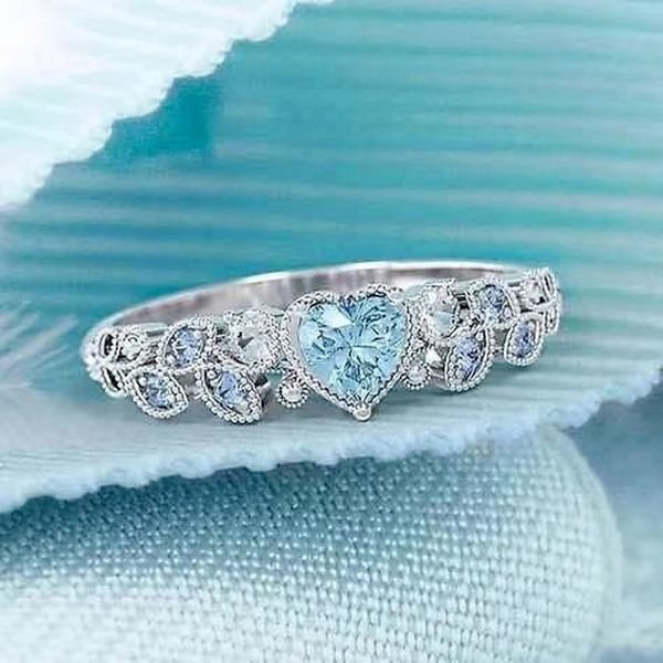 Rings for Women Fashion Exquisite 925 Sterling Silver Natural Aquamarine Gemstone Diamond Leaf Heart Ring Noble and Noble Woman Fashion Luxury Jewelry Princess Bride Engagement Wedding Ring Set Anniversary Birthday Party Christmas Gift Size 5-11 - Shop Trendy Women's Fashion | TeeYours