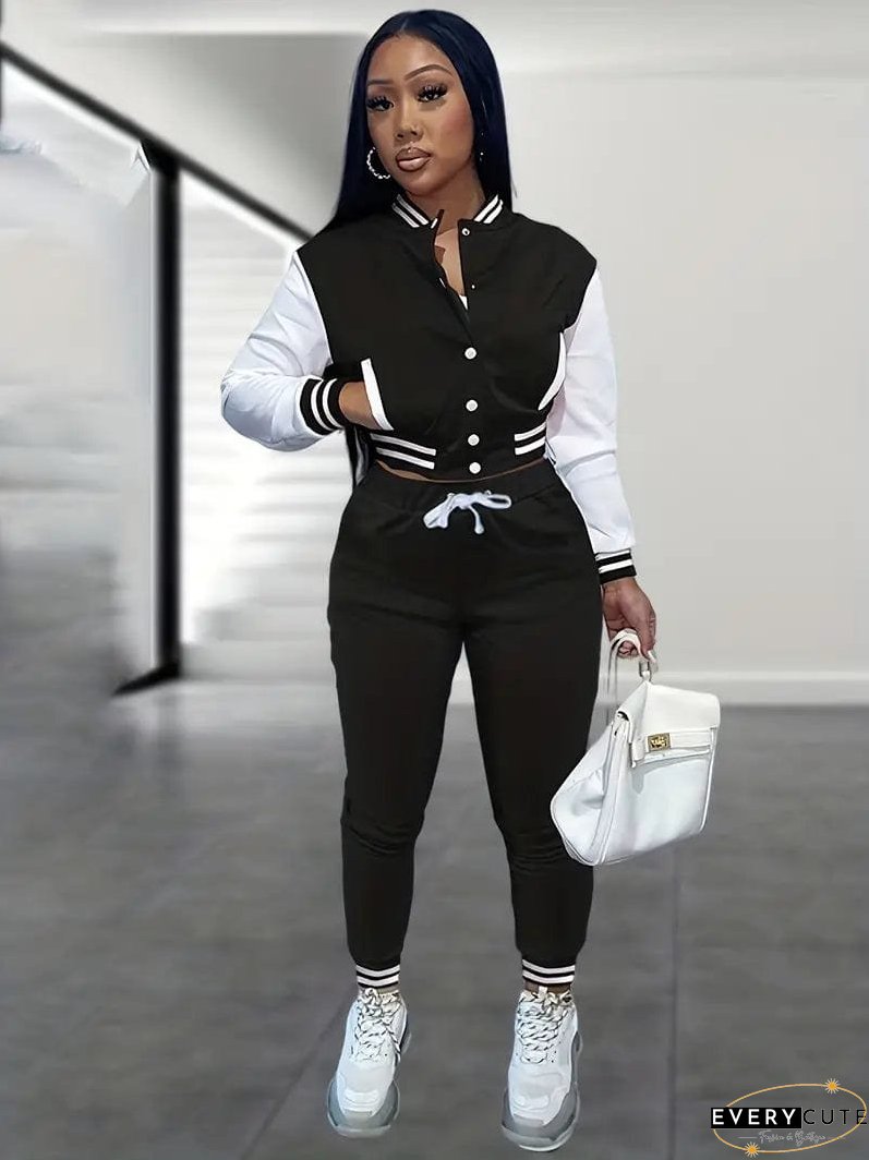Stylish Women's Matching Set with Button-Up Bomber Jacket and Drawstring Pants