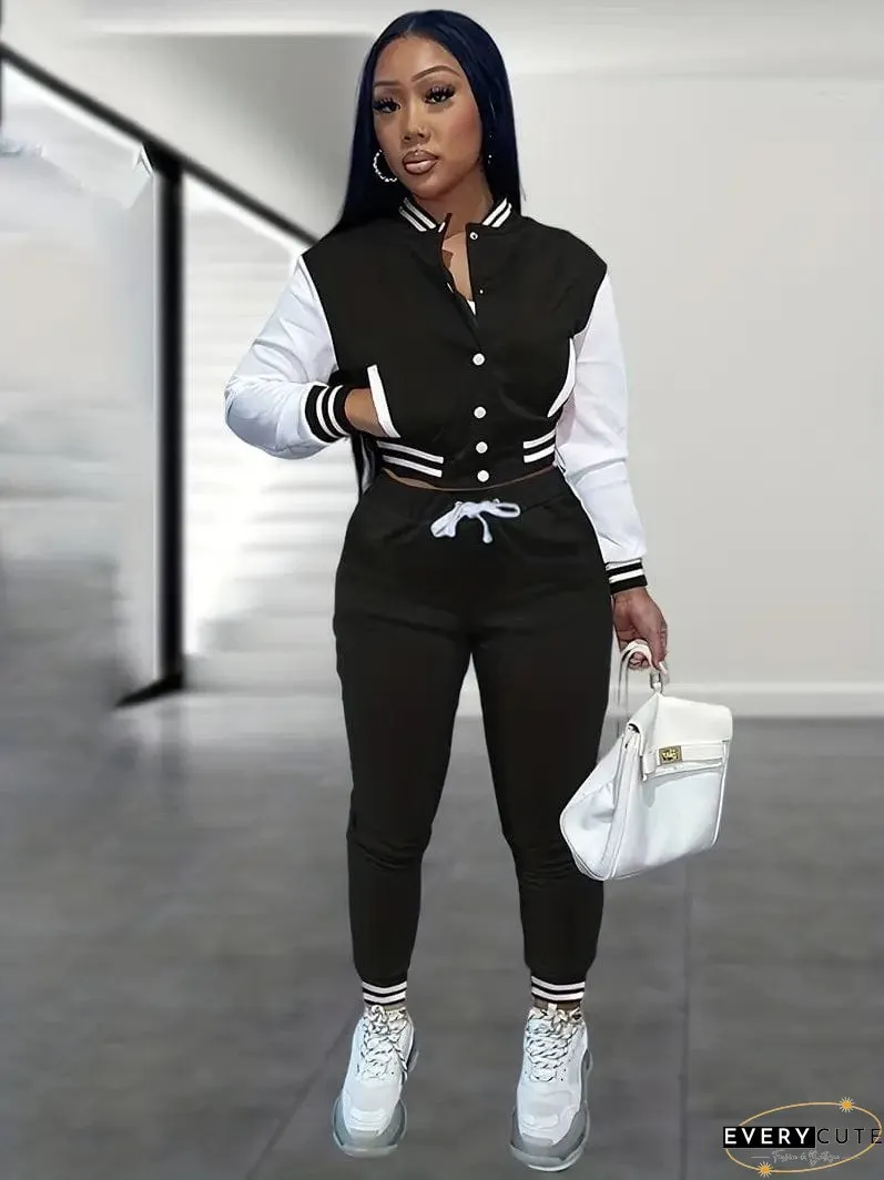 Stylish Women's Matching Set with Button-Up Bomber Jacket and Drawstring Pants