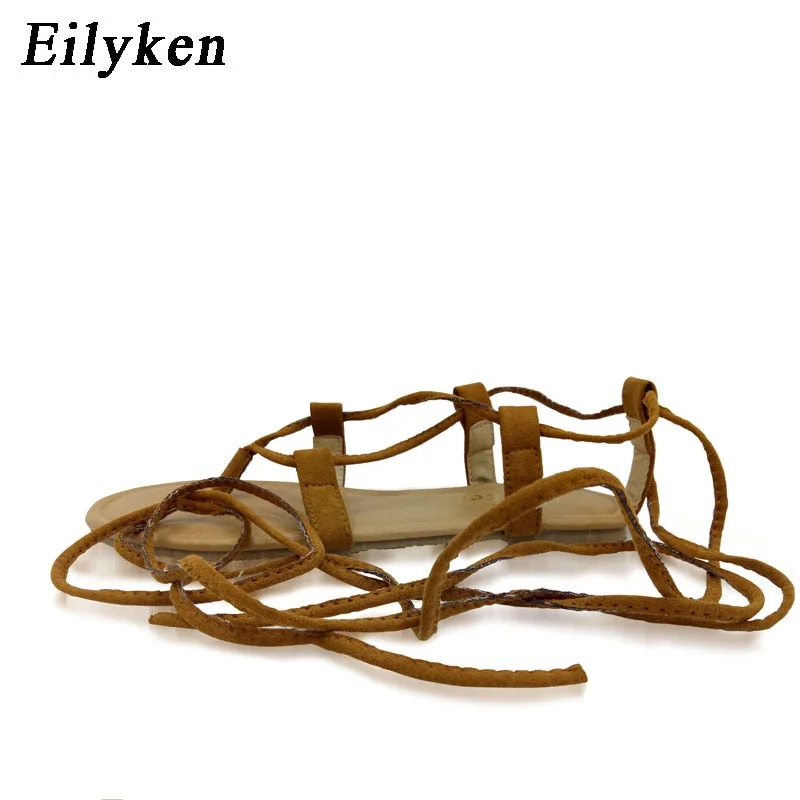 Eilyken Summer Roman Sandals  Multiple Cross-Strap tall knee high Bondage Thong Nubuck Women Sandals Flip flops Black Apricot