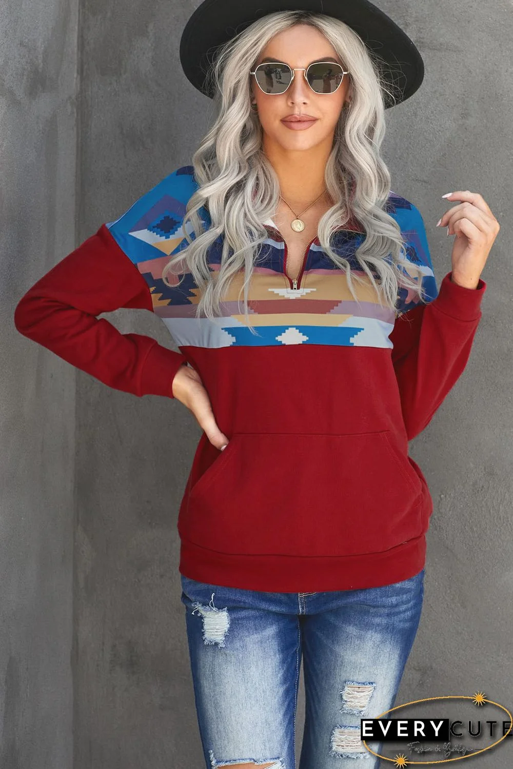 Red Turn Down Collar Zip Tribal Print Sweatshirt