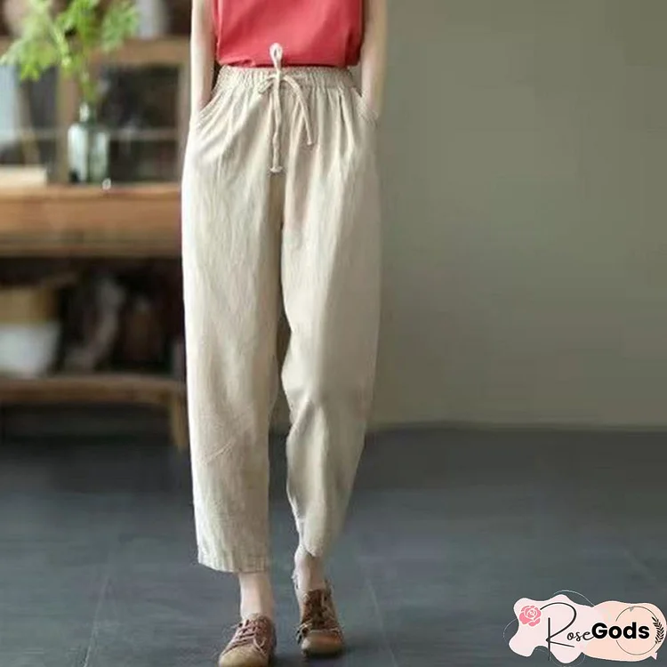 Fashion Cotton Linen Harem Pants Women Summer Loose High Waist Elastic Ankle-Length Pants Retro Pockets Solid Lady Casual Pants