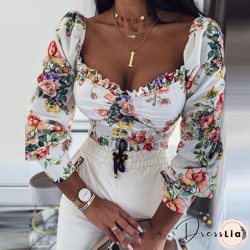 Elegant Long Puff Sleeve Square Collar Blouse Women Lace Ruffle Trim Floral Short Office
