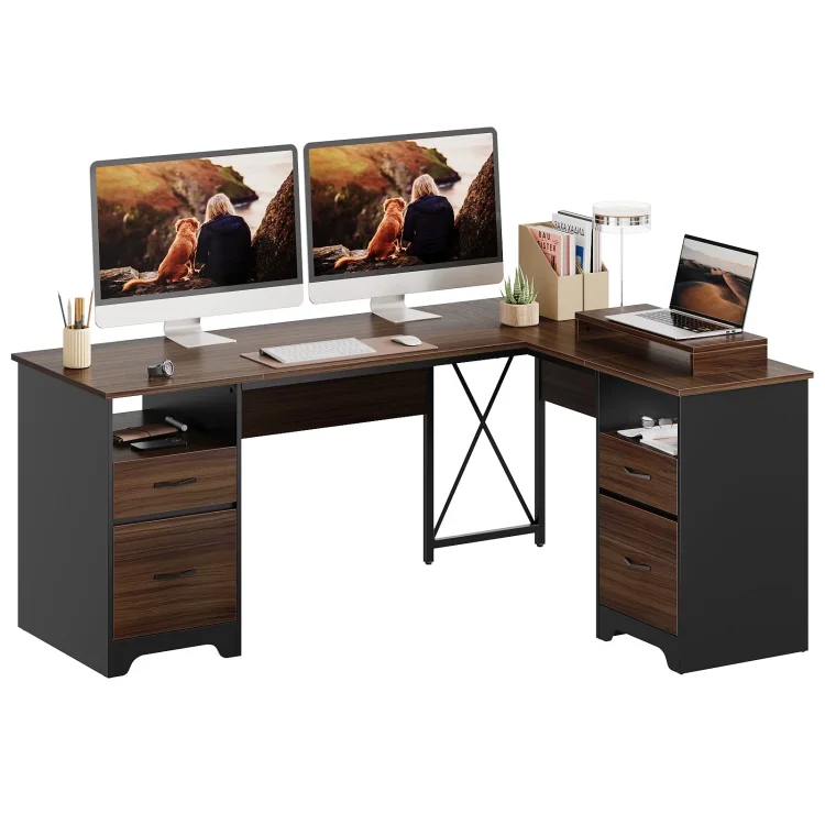 Bestier L Shaped Desk with 4 Drawers, 63" x 47" Executive Desk with Monitor Stand, File Drawers for Home Office, Cherry