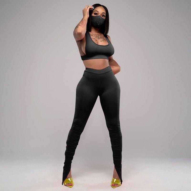 Dulzura Ribbed Women 2 Pieces Stacked Pants Set Bra Crop Top High Waist Trousers Slit Tracksuit Sporty 2020 Autumn Winter Outfit