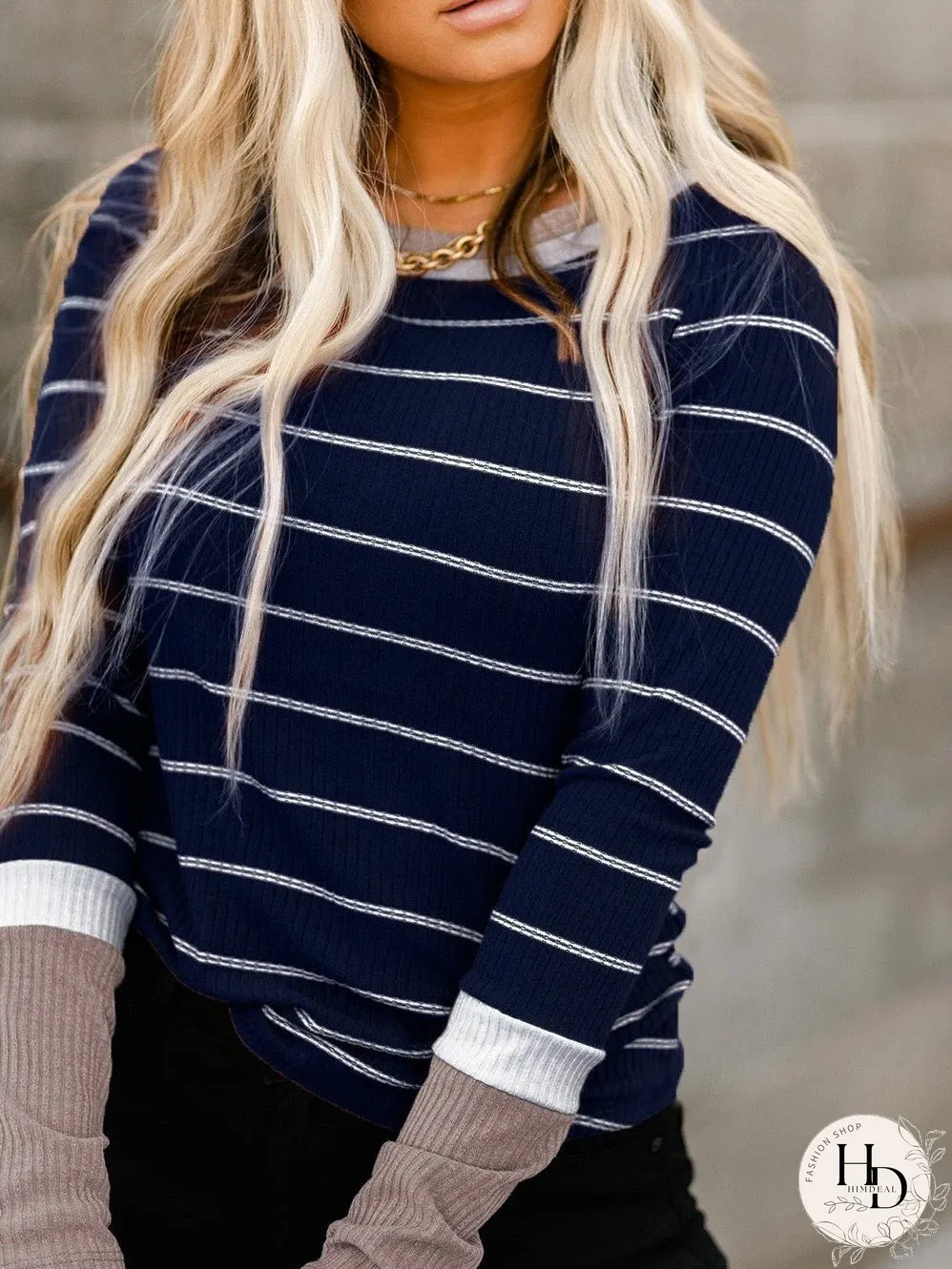 Blue Striped Rib Knit Pullover with Color Block Cuffs